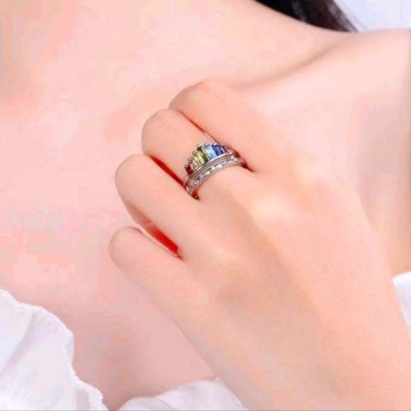 Rainbow Crown Multicolor Gemstones Silver 925 Ring - Adjustable Sizing - Picture 2 of 4